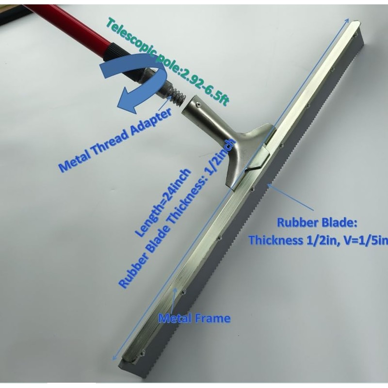 24" Serrated Notched Epoxy Rubber Speed Trowel Squeegee,3/16" Notch,with Telescopic