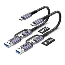 JBTOP 20Gbps Android Auto USB C Cable 2-in-1 [1ft, 2Pack] 240W Max USB 3.1 Gen 2 Fast Charge & Data Transfer USB C CarPlay Cable, Compatible with iPhone 16 15 Pro Max, Galaxy S23, Pixel 9 Pro XL