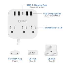 European Plug Adapter, Unidapt US to UK Europe Power Strip for EU/UK/US with USB C and 4 USB Ports, 3 AC Outlets, Wall Mountable, 5ft Extension Cord, for Travel Cruise Ship Home