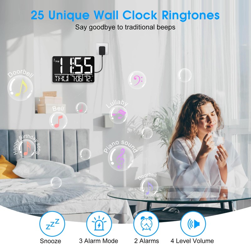 tawiliysy 13" Large Digital Wall Clock with Remote, Bluetooth Connection,