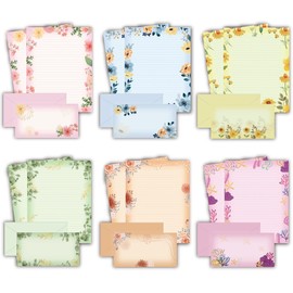 48 Packs Lined Stationary Set for Writing Letters - 8.5 x 11 Inch Flora Design Double-sided Stationary Paper for Writing Letters, 48 Stationery Paper with 48 Envelopes, 6 Designs Assorted