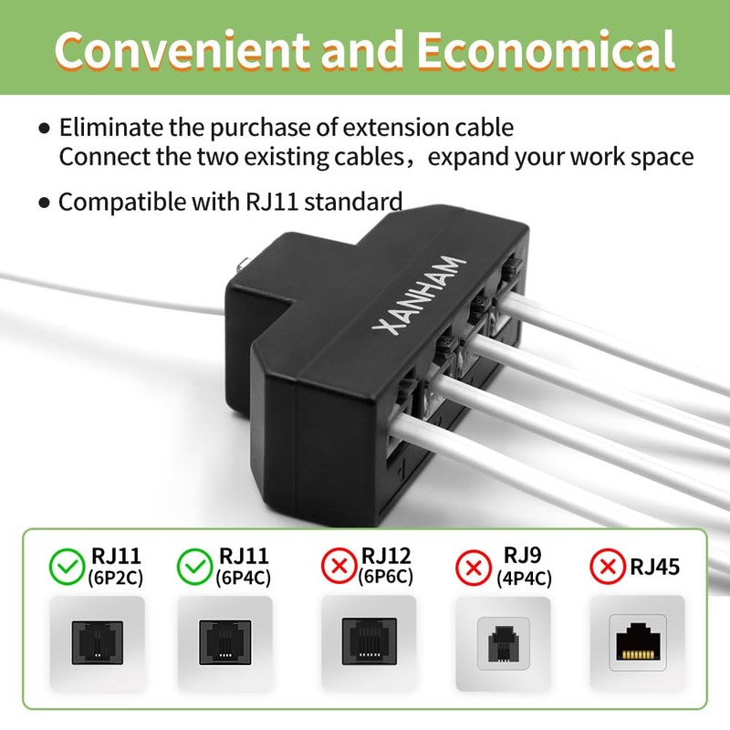 XANHAM RJ11 Cable 4 Way Splitter 6P4C Connector Phone Line