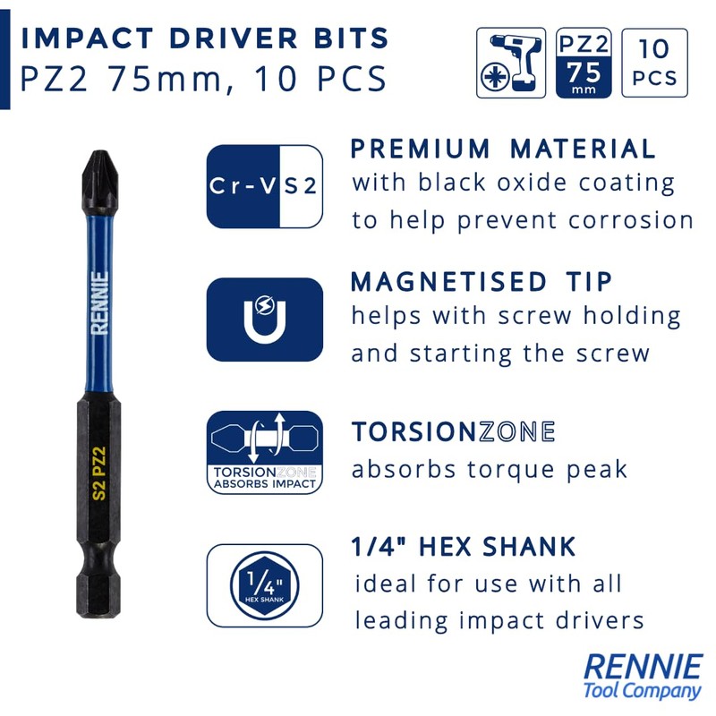 10 x Rennie Tools 75mm Long PZ2 Impact Screwdriver Driver