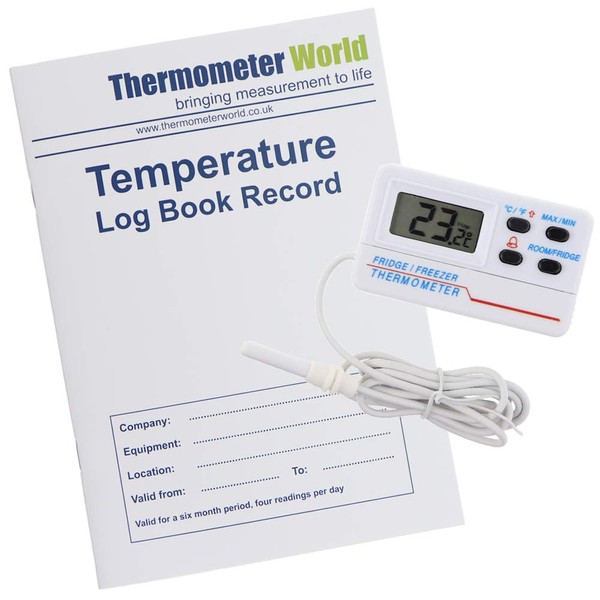 Temperature Log Book With Digital Fridge Freezer Thermometer With Temperature Warning Alarm and Max Min Feature and 1.2m Cable
