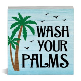 Wash Your Palms Wood Block Sign Summer Beach Bathroom Decorative Desk Sign Coastal Bathroom Wash Room Shelf Tabletop Decor 5 X 5 Inches