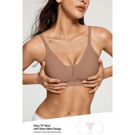Vertvie Womens Seamless Wireless Bras No Underwire Comfortable Deep V Mesh Bralettes Push Up Bras Full Coverage Everyday Bra(Coffee,Large)