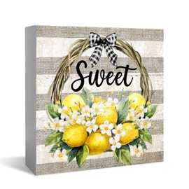 XDFVL Farm Fresh Lemon Kitchen Decor Wood Box Sign Desk Decor, Farmhouse Sweet Lemon Home Decor, Living Room Bedroom Shelf Flowers Leaves Shelf Farmhouse Desk Decorations 5 x 5 Inches