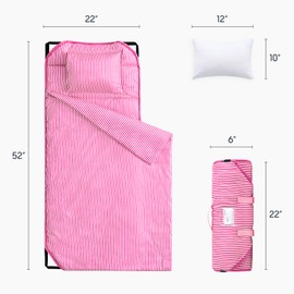 Wake In Cloud - Cot Nap Mat with Pillow and Blanket, for Toddler Kids Boys Girls in Daycare Kindergarten Preschool Pre K with Elastic Corner Straps, Cute Ticking Stripe, Hot Pink White