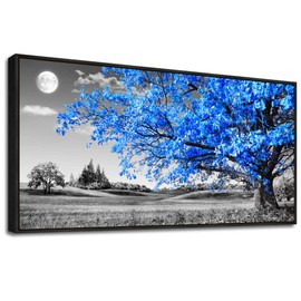 Framed Canvas Wall Art For Living Room Large Size Wall Decor For Bedroom Black And White Wall Pictures Blue Moon Tree Scenery Wall Painting Office Decor Room Home Decoration Black Framed 24" X 48"