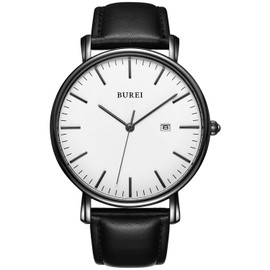 BUREI Men's Fashion Minimalist Wrist Watch Waterproof Watches Simple Ultra Thin Watches Analog Quartz Date with Brown Black Leather Strap(White Black)