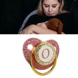 Chupete de bebé Dorado, 26 Letras Juego de Clip de Chupete Personalizado Diamantes de Imitación Cubiertos Diseño Curvo Chupete de bebé Chupete de Silicona para Alimentación de (Letra O)