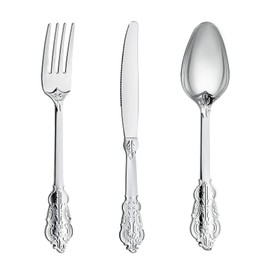 N9R 300-Piece Elegant Silver Plastic Silverware - Heavy Duty Disposable Forks, Spoons, and Knives, Perfect for Weddings, Parties, Picnics, Travel, and Daily Use (100 Forks, 100 Spoons, 100 Knives)