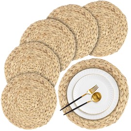 PINGEUI 6 PCS Wicker Place Mats Round, 25cm Natural Hyacinth Place Mats handmade Seagrass Rattan Woven Placemats for Restaurant, Home Kitchen Dining Table Accessories