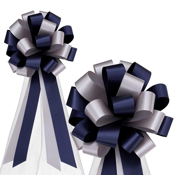 Navy Blue & Silver Pull Bows with Tulle Tails - 8" Wide, Set of 6, Wedding Pew Bows, Christmas, Aisle Decor, Reception, Anniversary, Birthday, Fundraiser, Decoration, Office, Classroom, School Dance