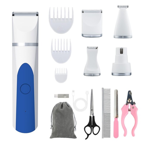 Dopet Dog Trimmer, Pet Clipper, 4 in 1 Nail Polishing, Trimming, Rechargeable, Cordless Electric Clipper, Pet Grooming Set, Ultra Low Noise, Soles, Ears, Face Circuits, Butt, Full Body Cut, Suitable