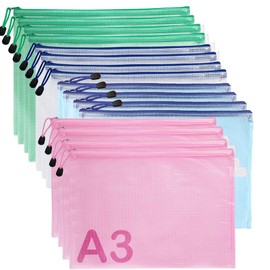 Pack of 16 A3 Document Folder, Zip Bag, Plastic, Waterproof Mesh Bag with Zip, Large Zip Pocket for Documents, Cosmetics, Travel (4 Colours)