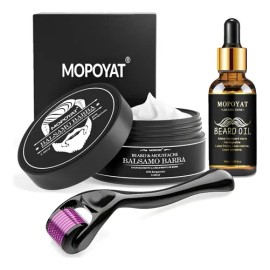 MOPOYAT - Set de 3 piezas para el cuidado de la barba - Incluye crema para la barba al 20 %, sérum para el crecimiento de la barba y rodillo - El regalo perfecto para papá, marido o novio.