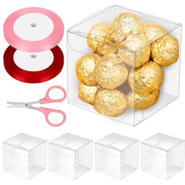 Glarks 33pcs 3 x 3 x 3in Clear Favor Boxes Set Plastic Small Gift Boxes Transparent Cube Treat Boxes with 0.4in x 74ft Ribbons and Scissors for Wedding Baby Shower Birthday Party Favor
