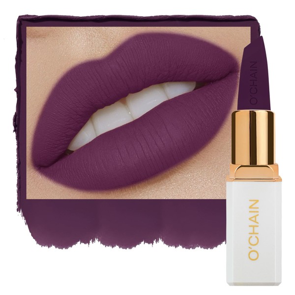 O'CHAIN Dark Purple Matte Lipstick, Long Lasting Full Coverage Non-Transfer