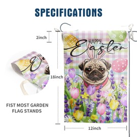 Happy Easter Dog Garden Flag Pug Spring Flags Buffalo Plaid Bunny Eggs Yard Flag for Outside 12x18 Double Sided Small Decorative Floral Outdoor Flag