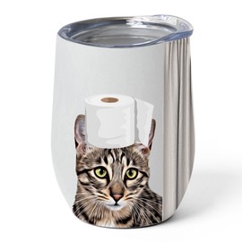 Funny Fawn Spotted Tabby Savannah Cat Tumbler 12oz - Stainless Steel Insulated Travel Mug with Lid - Adorable Pet with Toilet Paper Design Gift Idea for Cat Owner & Kitten Lover
