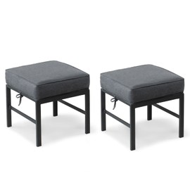 Auzfy 2 Pieces Outdoor Ottomans for Patio, No-Assembly Aluminum Outdoor Patio Footstool with Gray Cushions, Small Aluminum Patio Seat for Porch Yard Garden Deck, Grey Frame