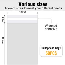 COQOFA 12x16 inch 50Pcs Clear Cellophane Bags Self Adhesive Cookie Bags Candy Treat Gift Bags Resealable Self Sealing T-Shirts Clothing Packaging Plastic Cello Bags
