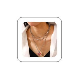 Xduargs Punk Layered Ruby Heart Pendant Necklace Silver Ruby Love Heart Necklace Vintage Heart Rose Choker Necklace Multilayered Rose Heart Paperclip Chain Necklace Jewelry for Women