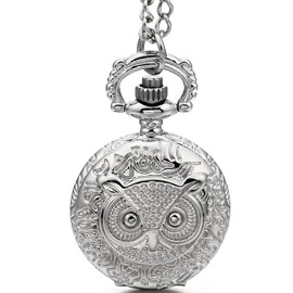 JewelryWe Pocket Watch with Chain: Unisex Womens White Owl Hunter Case Floral Pocket Watch Necklace 31 Inches