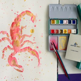 ANTEK ART Metallic Watercolour Paints, Glitter Watercolour Metallic Colours in One Portable Metal Case with Palette, Great Gift Idea for Artists, Painters (12 Glitter Colours)