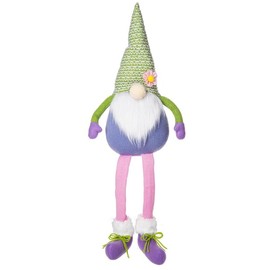 Easter Gnome Plush Shelf Sitter, Spring Decor with Green Hat and Pink Legs, Purple Mittens