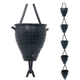Rain Chains by JASINC 8.5 ft Tinkle Trickle Cups Black Powder Coated, to Replace Roof Gutter Downspout, with Installation Kit, Rainwater Catcher/Water Diverter, JAS3007BLK