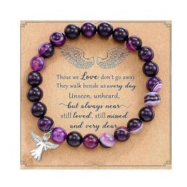 Memorial Sympathy Bereavement Angel Guardian Protection Healing Natural Stone Beaded Stretch Elastic Adjustable Bracelet Faith and Love Inspirational Bangle Jewelry-Purple