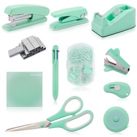 Green Desk Accessory Kit Cute Office Supplies Set Desktop Stapler Set Includes Staple Remover Hole Punch Tape Dispenser Ballpoint Pen Scissor Mini Box Cutter Tape Measure Paper Clips Sticky Notes