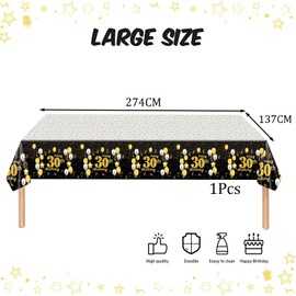 Black Gold Happy 30th Birthday Table Cloth Cover Party for Men,Women,Him,Her,137*274cm 30th Birthday Table Decorations,Rectangular Plastic Tablecloth for 30th Birthday Party Supplies Decorations