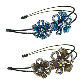 Bella Set of 2 Crystal Flower Headbands Adjustable Metal Wire Hair Bands U0056aquaTopaz
