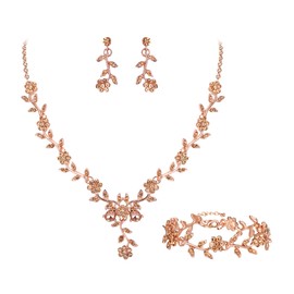 Clearine Women's Wedding Jewellery Set for Party Prom Leaf Cluster Flower Crystal Pendant Necklace Dangle Earrings Link Bracelet Set for Bridal Bride Bridesmaid Peach Morganite Rose-Gold-Tone