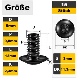 Pack of 15 M5 x 12 mm Rounded Head Screws with Flange, M5 Screws Black Hexagon Socket Drive Stainless Steel A2 V2A Full Thread with Key