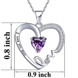 UEUC Mother's Birthday Necklace I Love You Mom Rhinestones Plated S925 Sterling Silver Heart Pendant