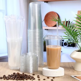 Ziliny 50 Sets Crystal Plastic Cups with Lids and Straws, Disposable Iced Coffee Cups Bulk PET for Wine, Cocktail, Smoothie, Milkshake, Cold Drinks, Juice, Wedding, Birthday, Coffee Shop, Party(20oz)