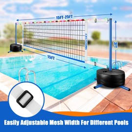 Eastgoing Pool Volleyball Net Set with Light,Adjustable Length 15-25FT，Swimming Pool Volleyball Net System with 2 Water Volleyballs and Heavy Duty Base.