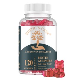 Biotic's Gain Biotin Gummies, 10000 mcg, Hair Skin and Nail Support, with Vitamins A C D E B6 B12 and Zinc, Vegan, Sugar Free, 120 Count