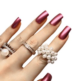 Press On Nails -Square Latte Metallic Fake Nails with Glaze Finish | Salon Quality | 24 nail kit -12 Sizes with 48 Jelly tabs| Reusable Durable Easy-Removal False Nails