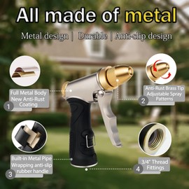 Heavy Duty Brass Garden Hose Nozzle High Pressure Metal Water Spray Nozzle with 4 Adjustable Patterns for Garden Watering, Car Washing & Pet Bathing (Brass)