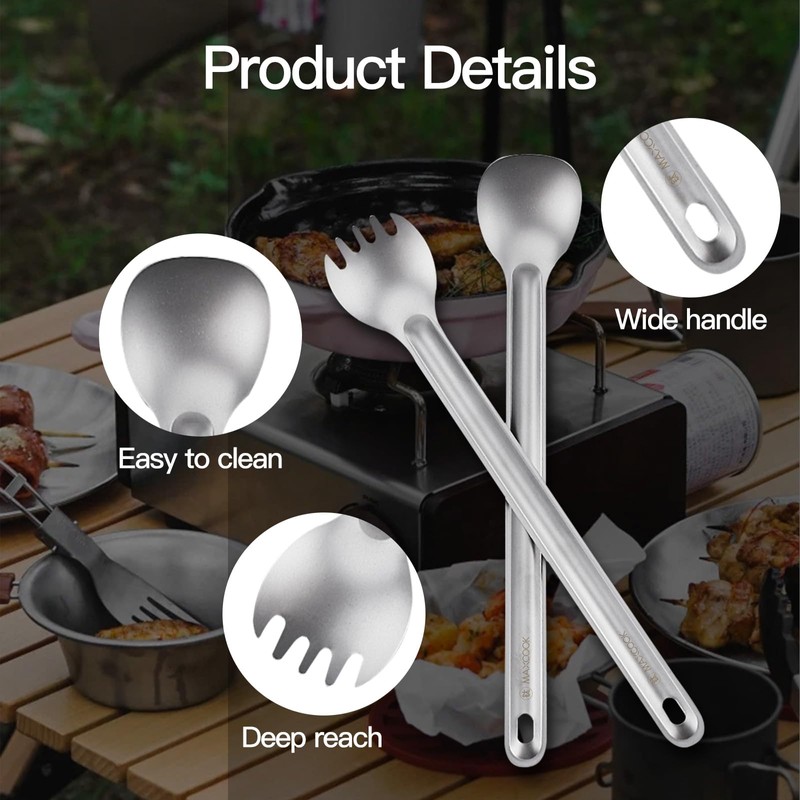 MAXCOOK Titanium Spork, 2 Pieces Titanium Spork with Long Handle,