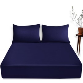 King Size Deep Fitted Sheet- 16"/40 cm Anti Allergy Bedding Sheet- Polycotton Fabric Deep Pocket Bottom Sheet- Navy