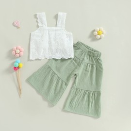 Aopwsrlyi Kids Baby Girls Summer Cotton Linen Outfit Sleeveless Lace Tank Tops Bell-bottom Wide Leg Pants Set (Green, 4-5T)