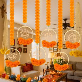 Juinte 5 Pcs 69.6 Inch Diwali Artificial Marigold Garland with Lotus Wood Bead Hanging for Decoration Artificial Flowers Long Strands Indian Pooja Ganesh Decor for Indian Wedding Pooja Christmas Party