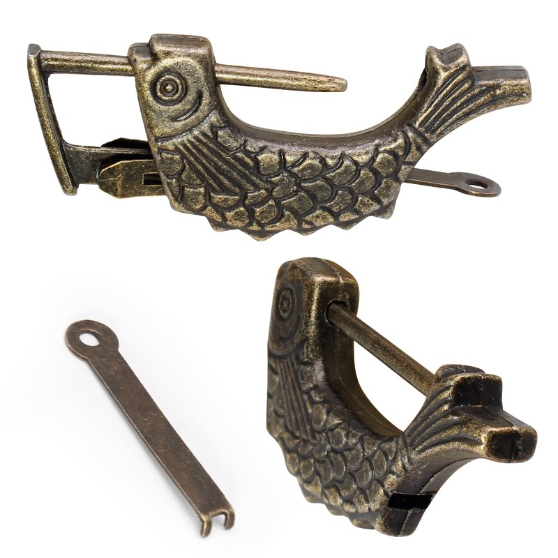 Bivethoi Vintage Fish Shaped Padlock, Bronze Antique Chinese Lock with