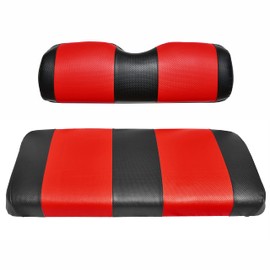 EZGO TXT Replacement Golf Cart Seat Cover Staple On Installation - 2 Piece - Premium Marine Vinyl - 5 Panel Stitching - Two-Tone (Black & Red)